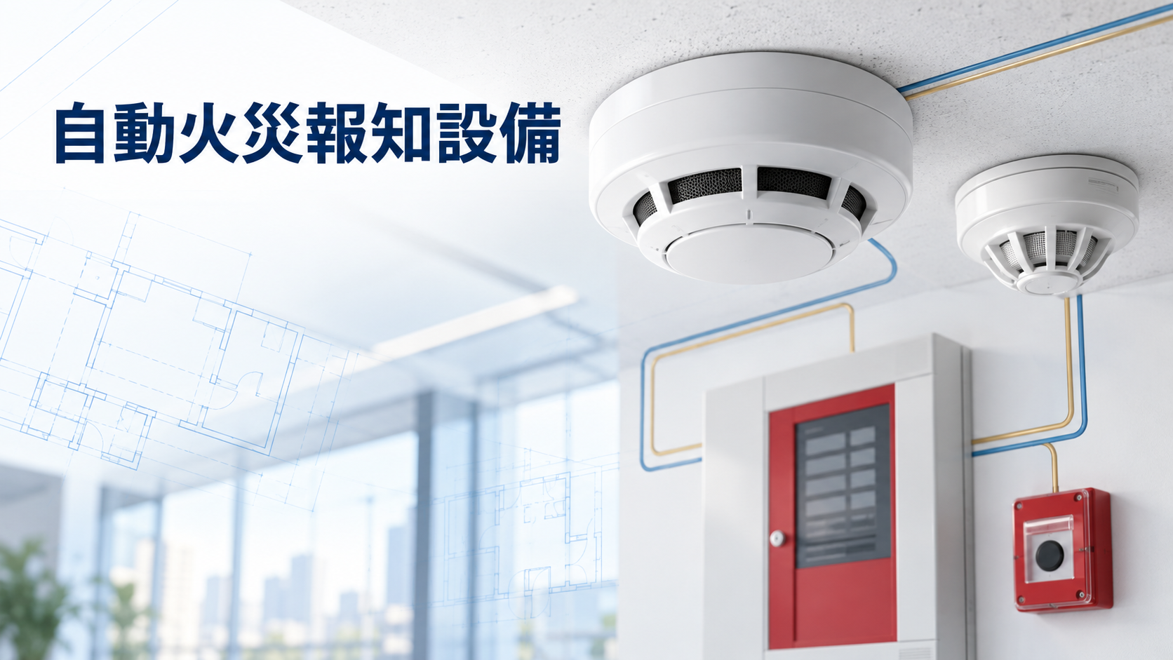 煙感知器・熱感知器と受信機を示した自動火災報知設備のイラスト