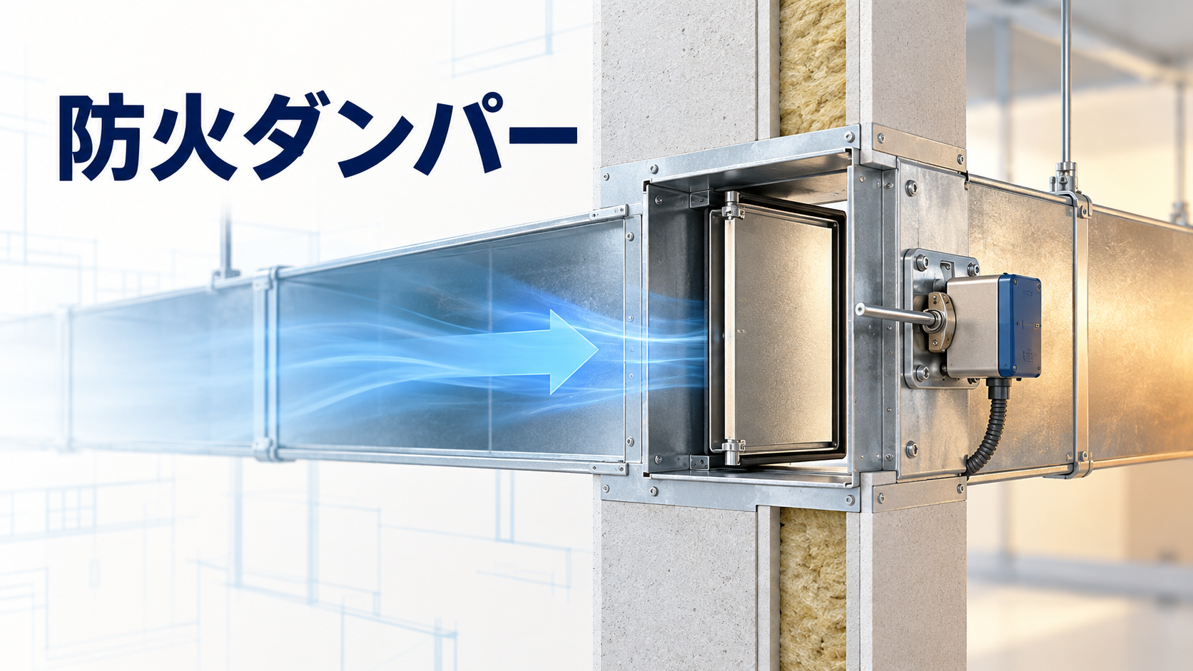 防火区画を貫通するダクトと閉鎖羽根を示した防火ダンパーのイラスト