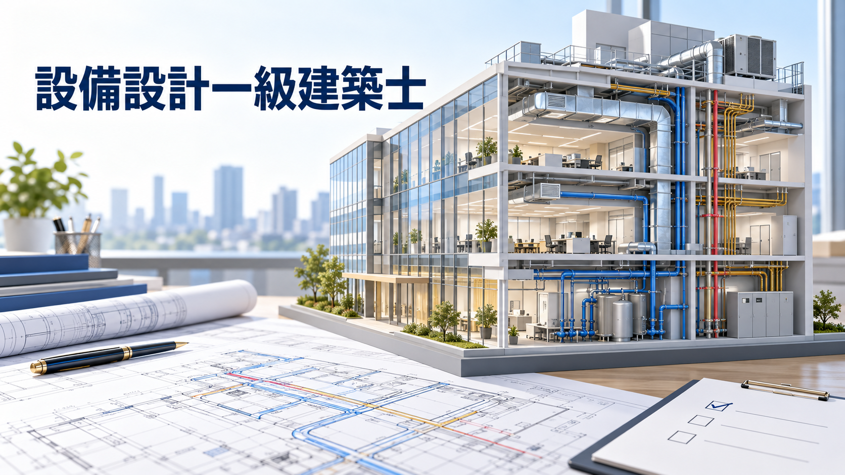設備図面・建物断面模型・確認表で設備設計を表したイラスト