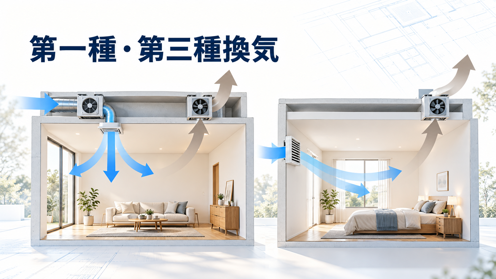 給排気ファンを使う第一種換気と自然給気・機械排気の第三種換気を比較したイラスト