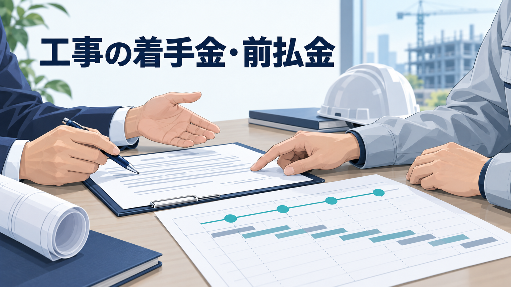 工事の開始前に契約書と工程表を使って着手金・前払金の条件を協議するイメージ