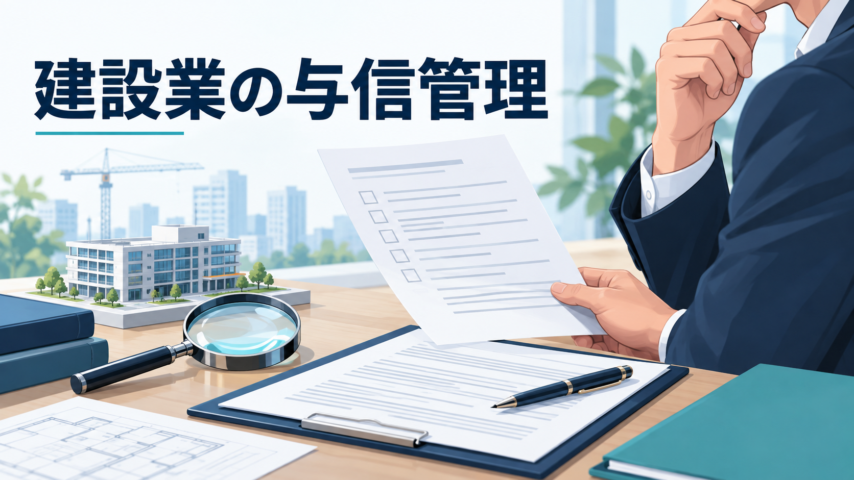新しい元請との取引前に、建設会社の確認項目を書類で点検するイメージ