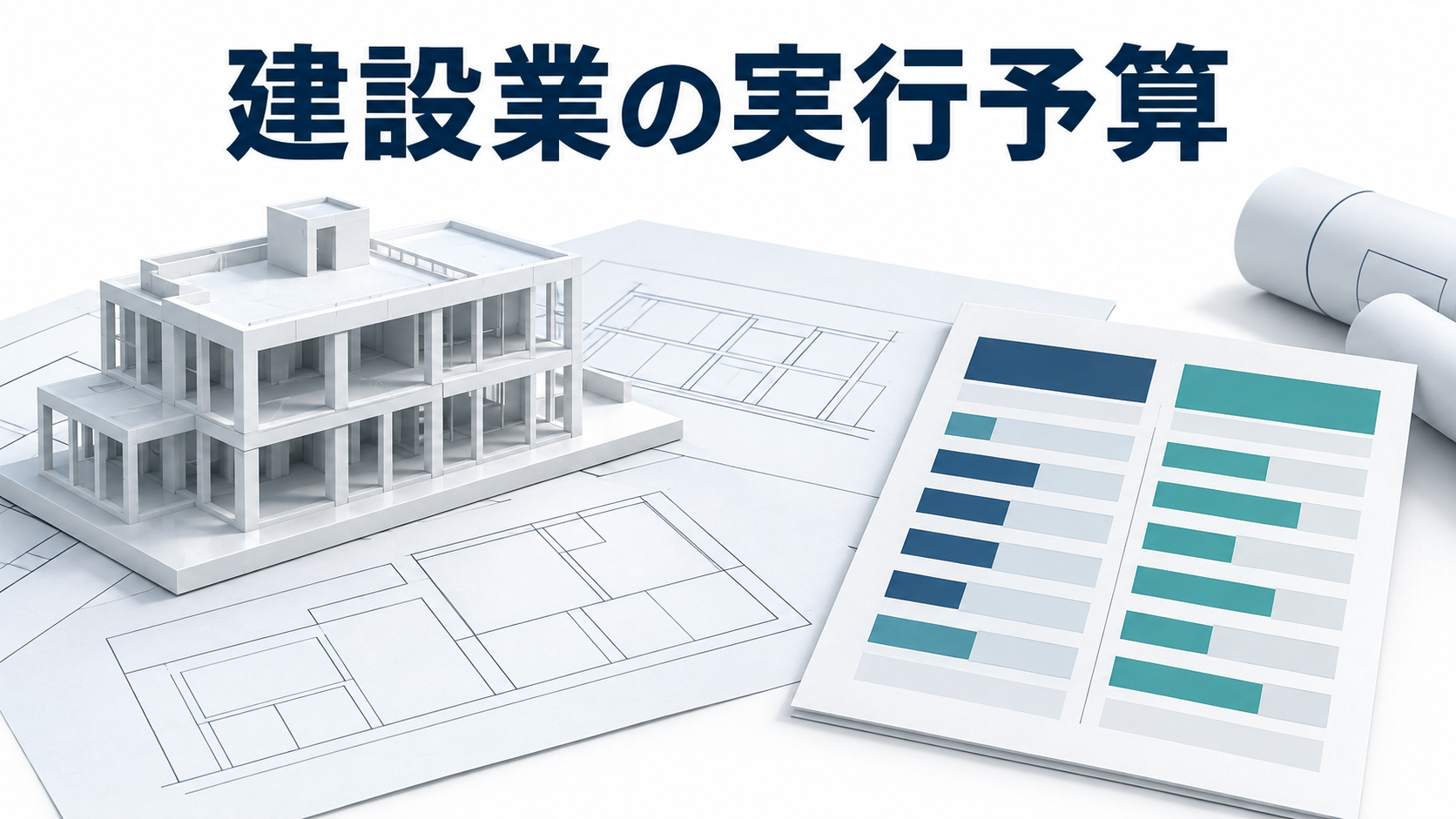 建物模型と工事図面を前に、実行予算と原価実績を比較するイメージ