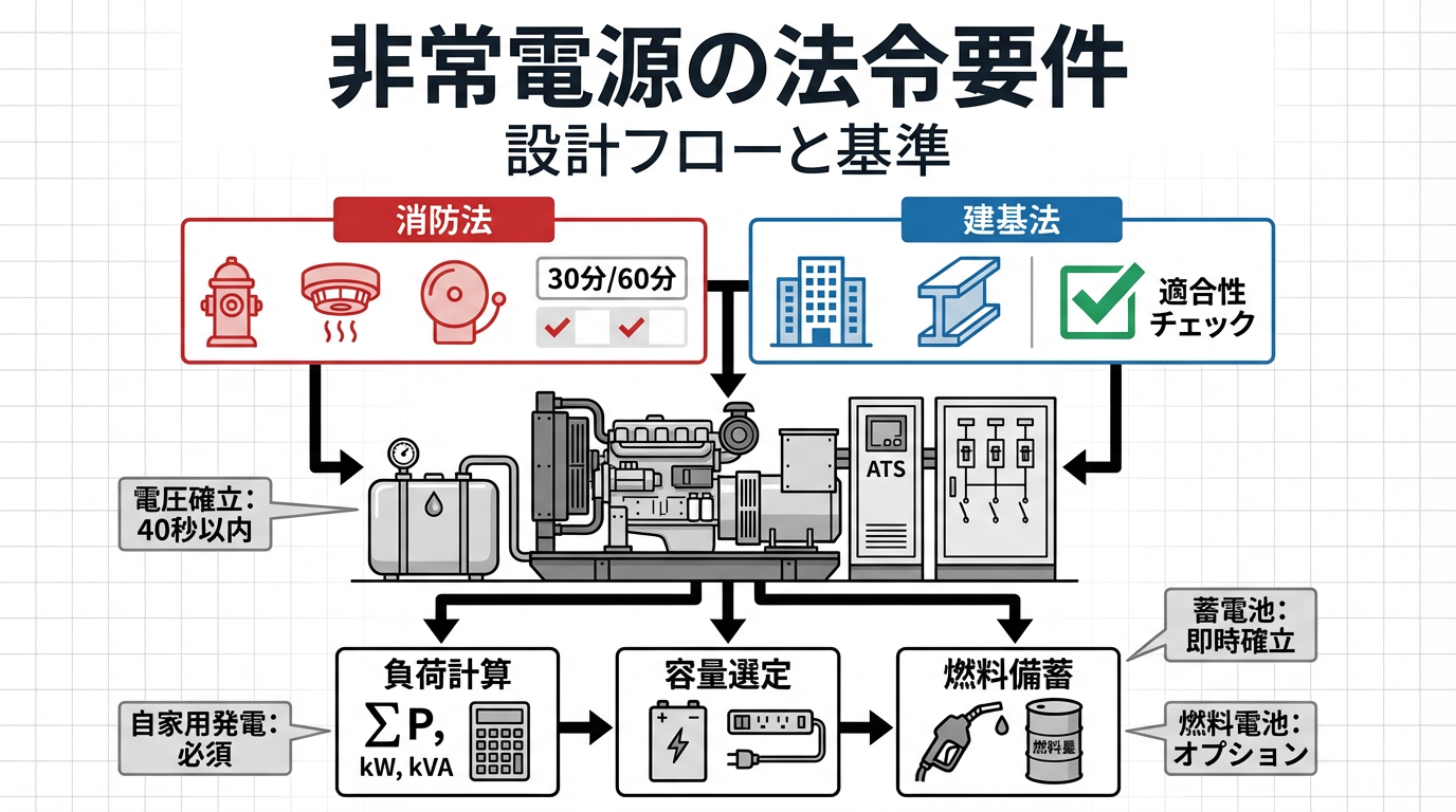 非常電源の法的要件整理|消防法・建基法の運転時間・電圧確立時間・発電機設置の実務ポイント