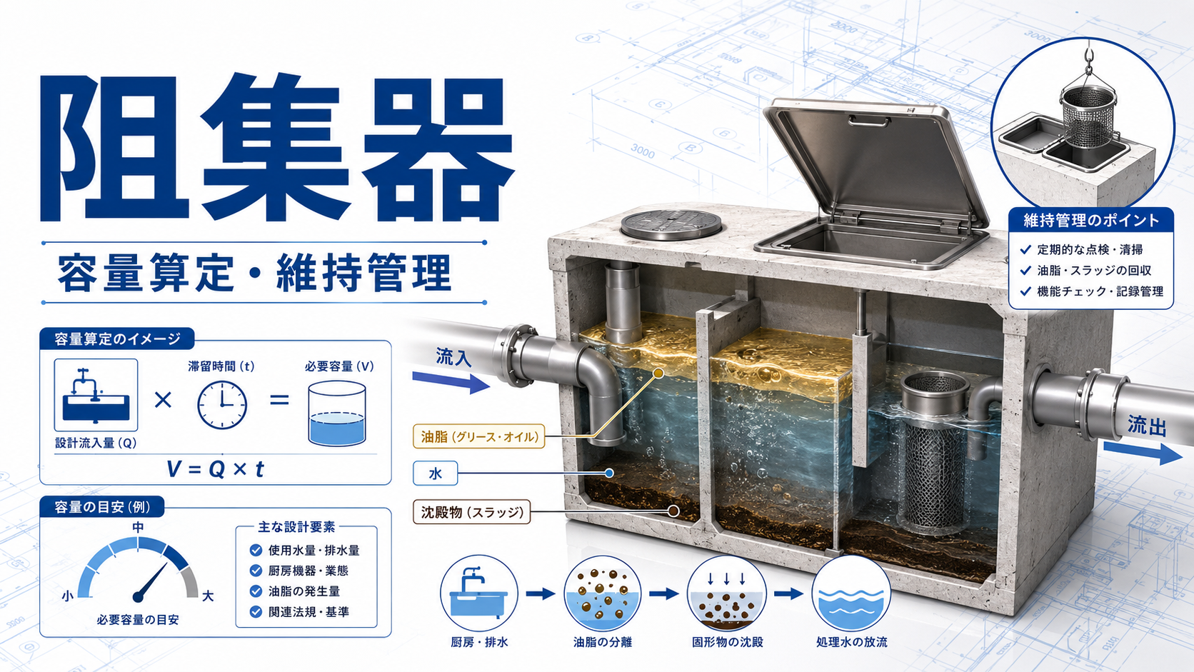 阻集器の種類と選定ガイド｜グリース・オイル・砂阻集器の設置基準・容量算定・維持管理を設計目線で解説