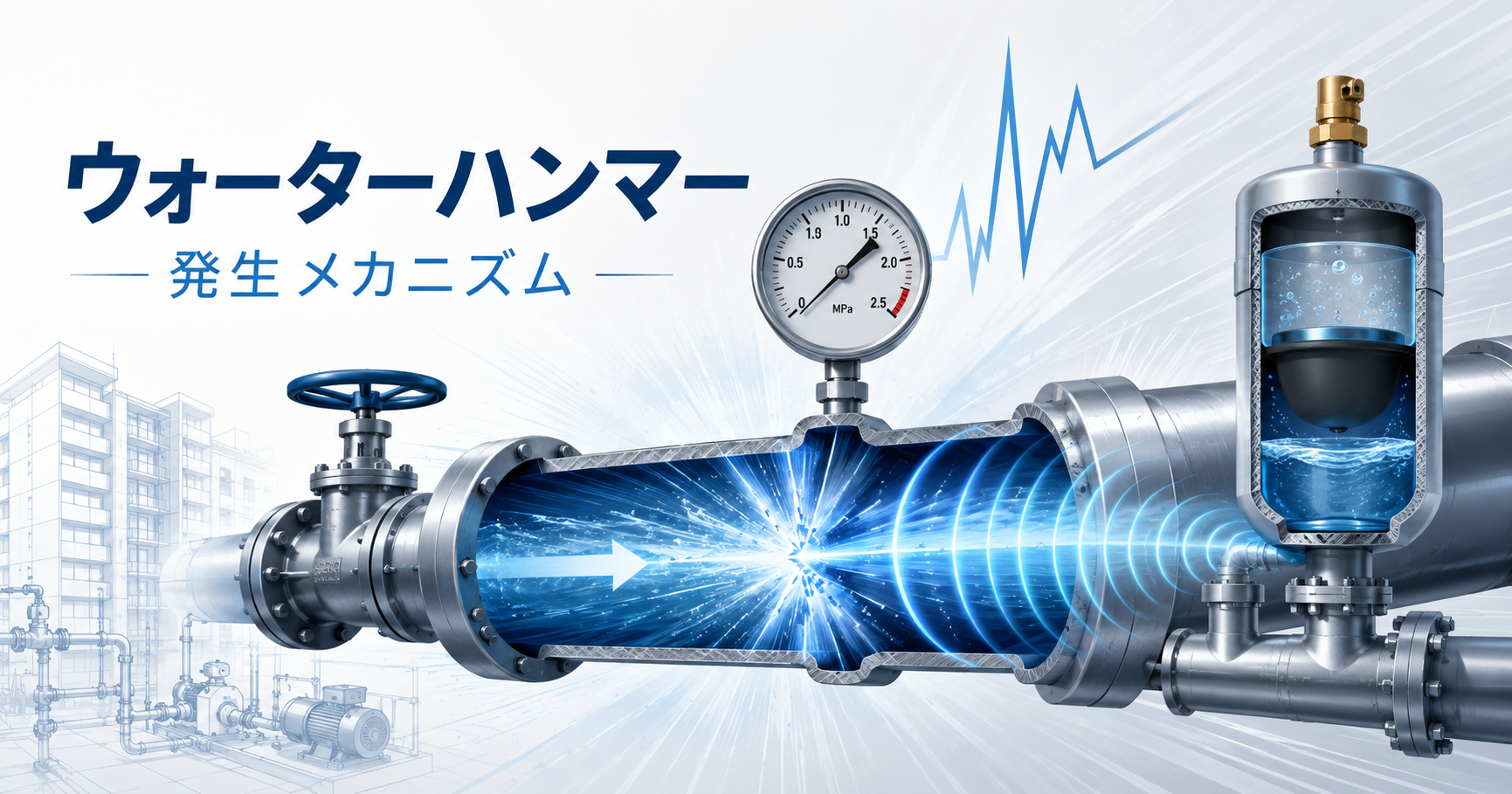 ウォーターハンマーの原因と対策｜発生メカニズム・エアチャンバー・防止器の選定と配管設計の実務ポイント