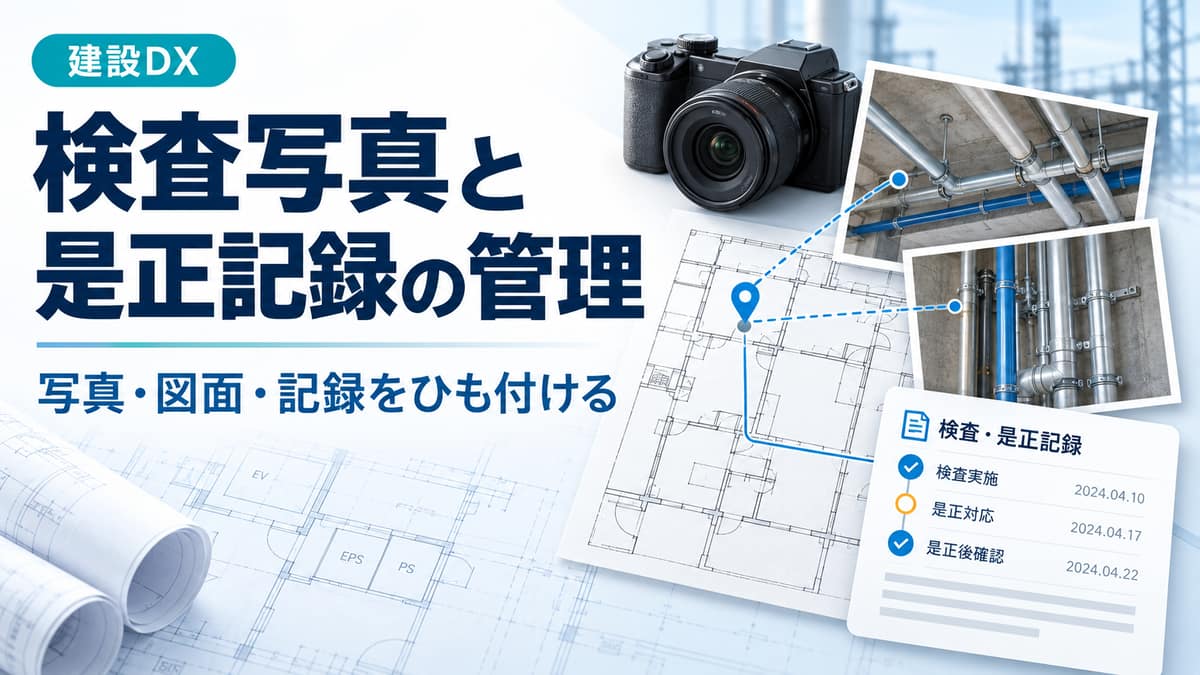 設備工事の検査写真を撮影位置の図面と是正記録にひも付けるイメージ