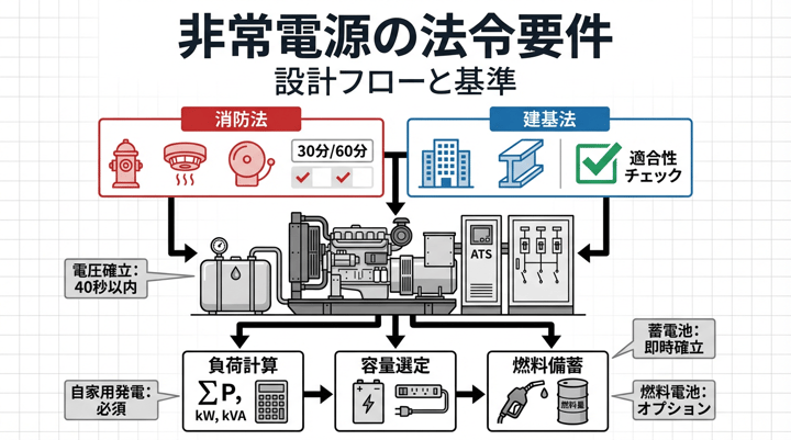 非常電源の法的要件整理|消防法・建基法の運転時間・電圧確立時間・発電機設置の実務ポイント