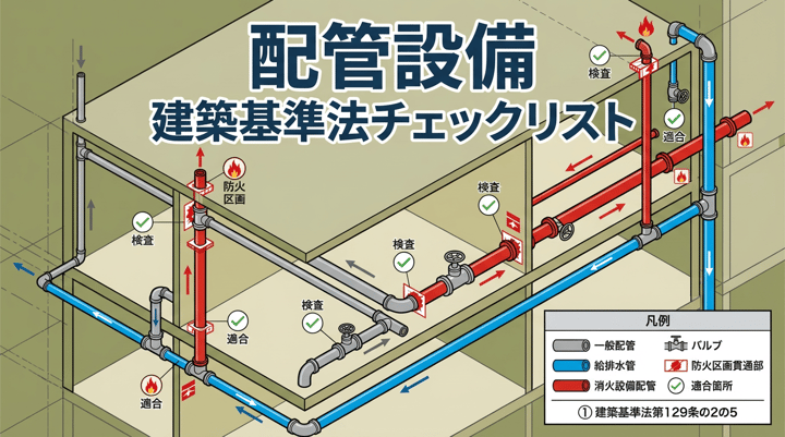 配管設備の建基法チェックポイント|令129条の2の5・防火区画貫通処理・耐震支持・クロスコネクション防止の実務ポイント
