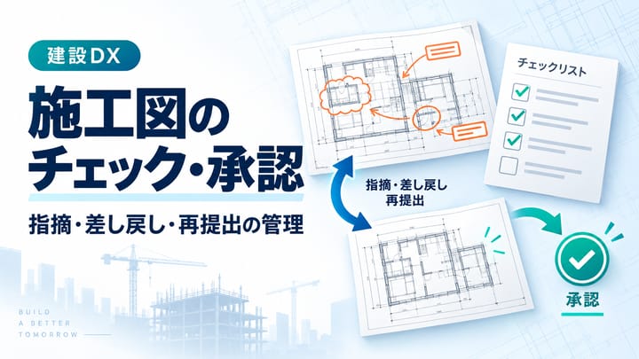 施工図の指摘、修正、再提出、承認をチェックリストで管理するイメージ